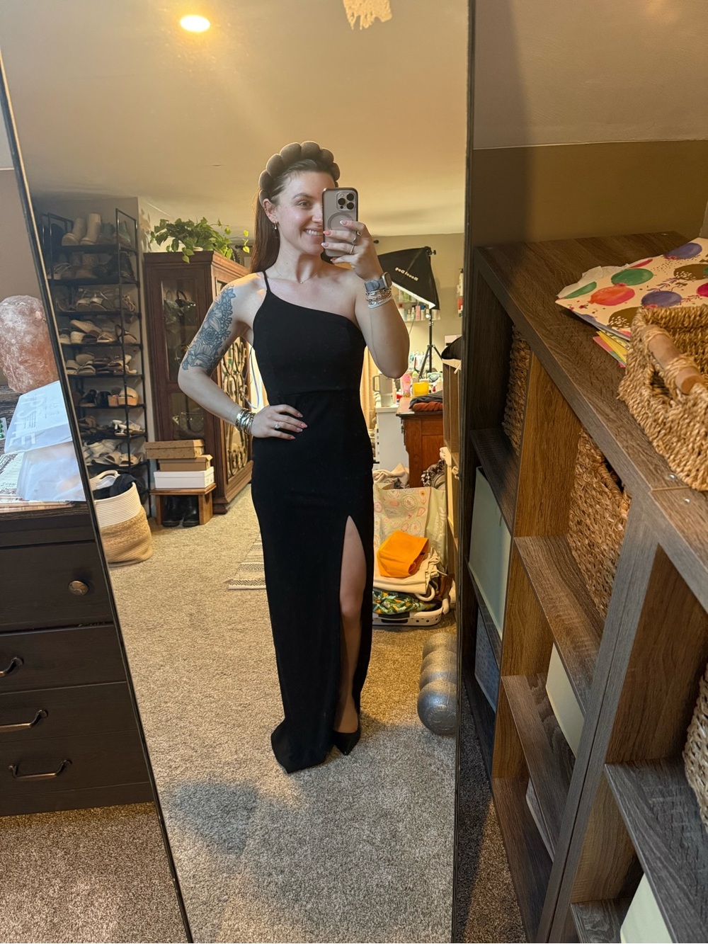 Lulu's Black One-Shoulder Gown with Thigh Slit